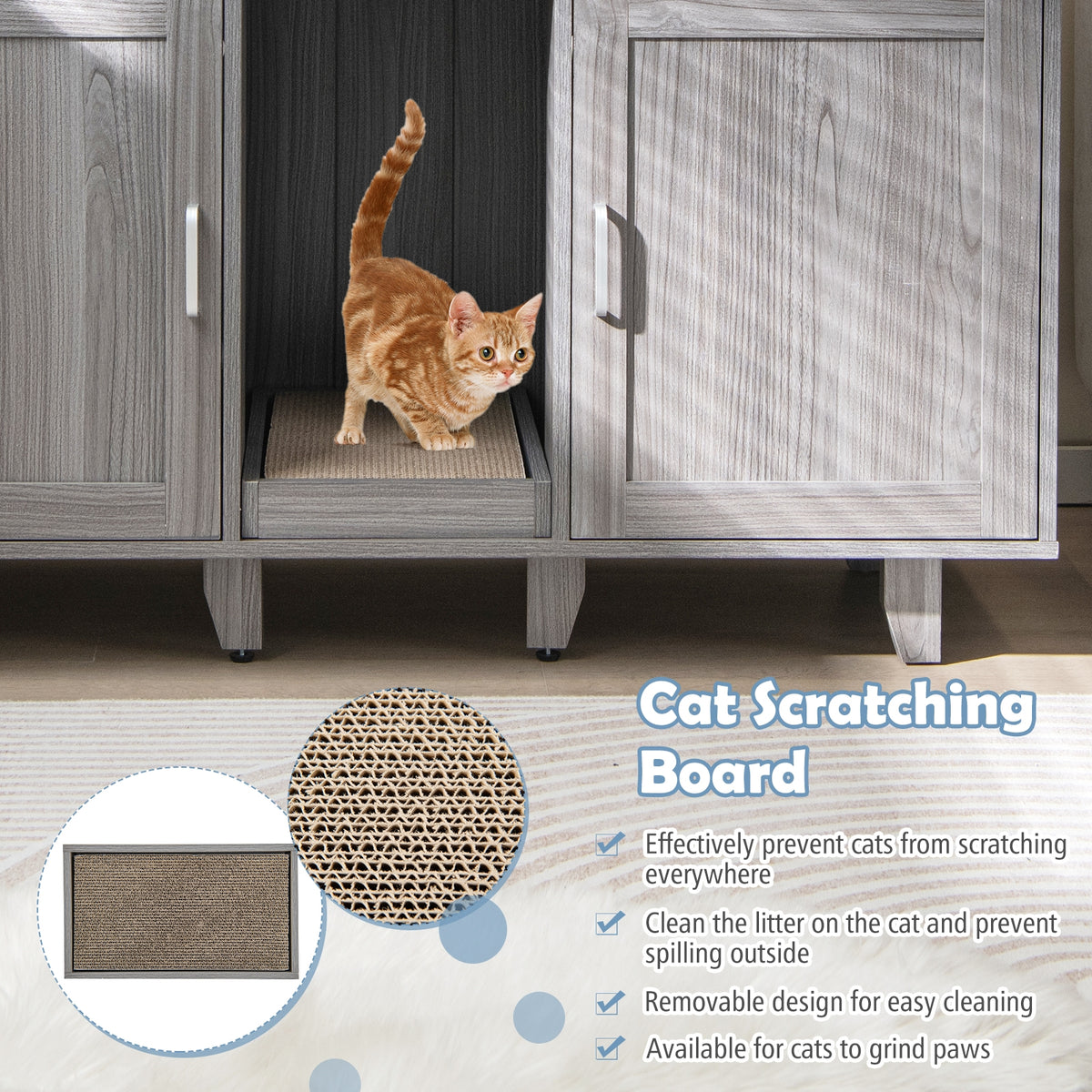 Patented 2-Door Cat Litter Box Enclosure with Winding Entry and Scratching Board-Oak-Cat Houses-DECOROLALA
