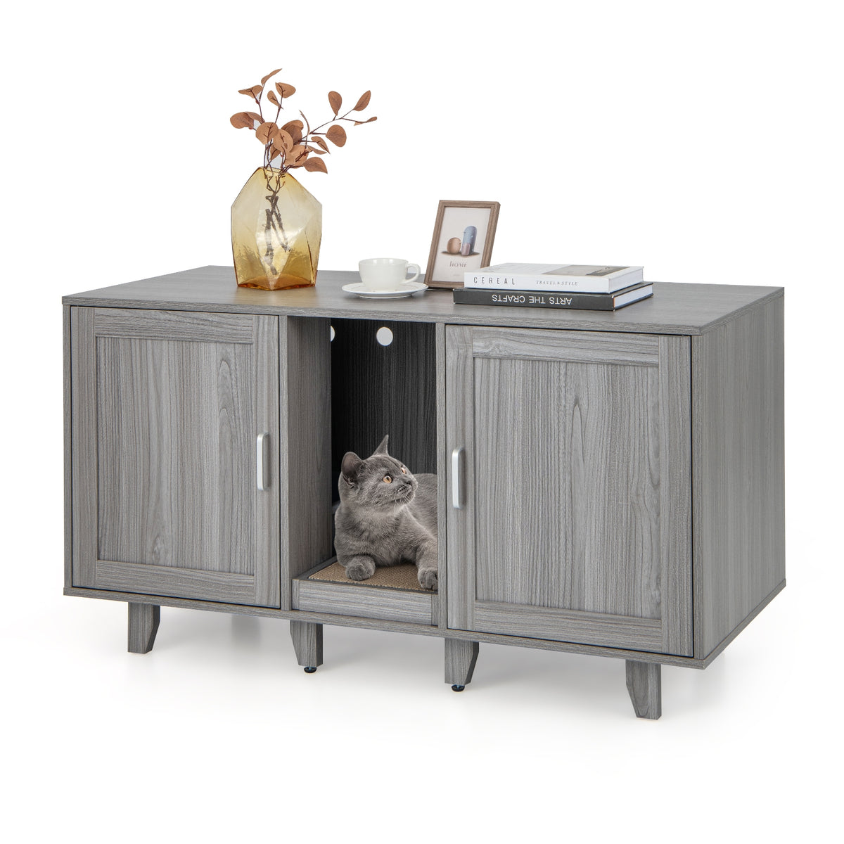 Patented 2-Door Cat Litter Box Enclosure with Winding Entry and Scratching Board-Oak-Cat Houses-DECOROLALA