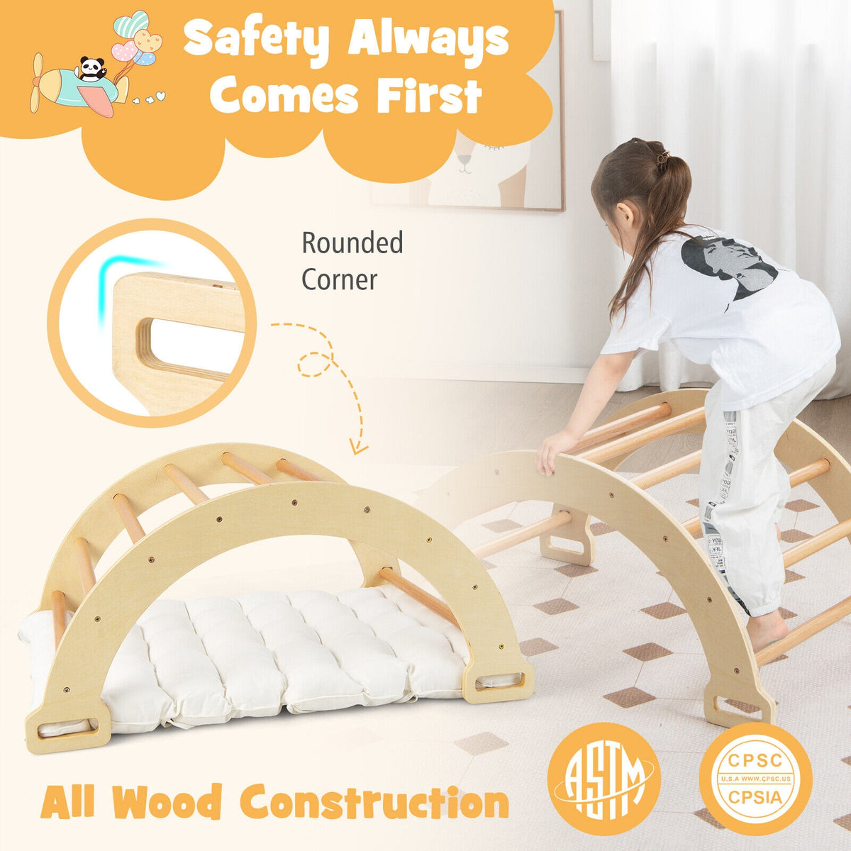 Bascule en arche 2-en-1 brevetée avec coussin moelleux pour tout-petits - naturel