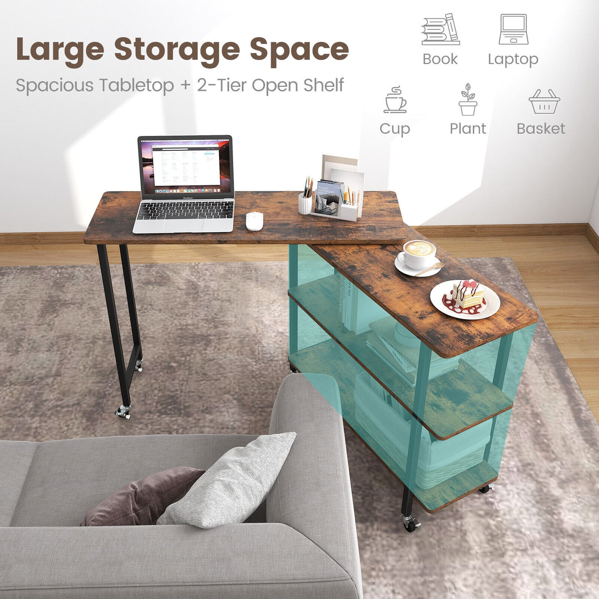 Patented 360° Rotating Sofa Side Table with 2-Tier Storage Shelves-Rustic Brown-L-Shaped Desks-DECOROLALA