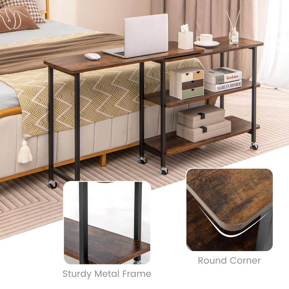 Patented 360° Rotating Sofa Side Table with 2-Tier Storage Shelves-Rustic Brown-L-Shaped Desks-DECOROLALA
