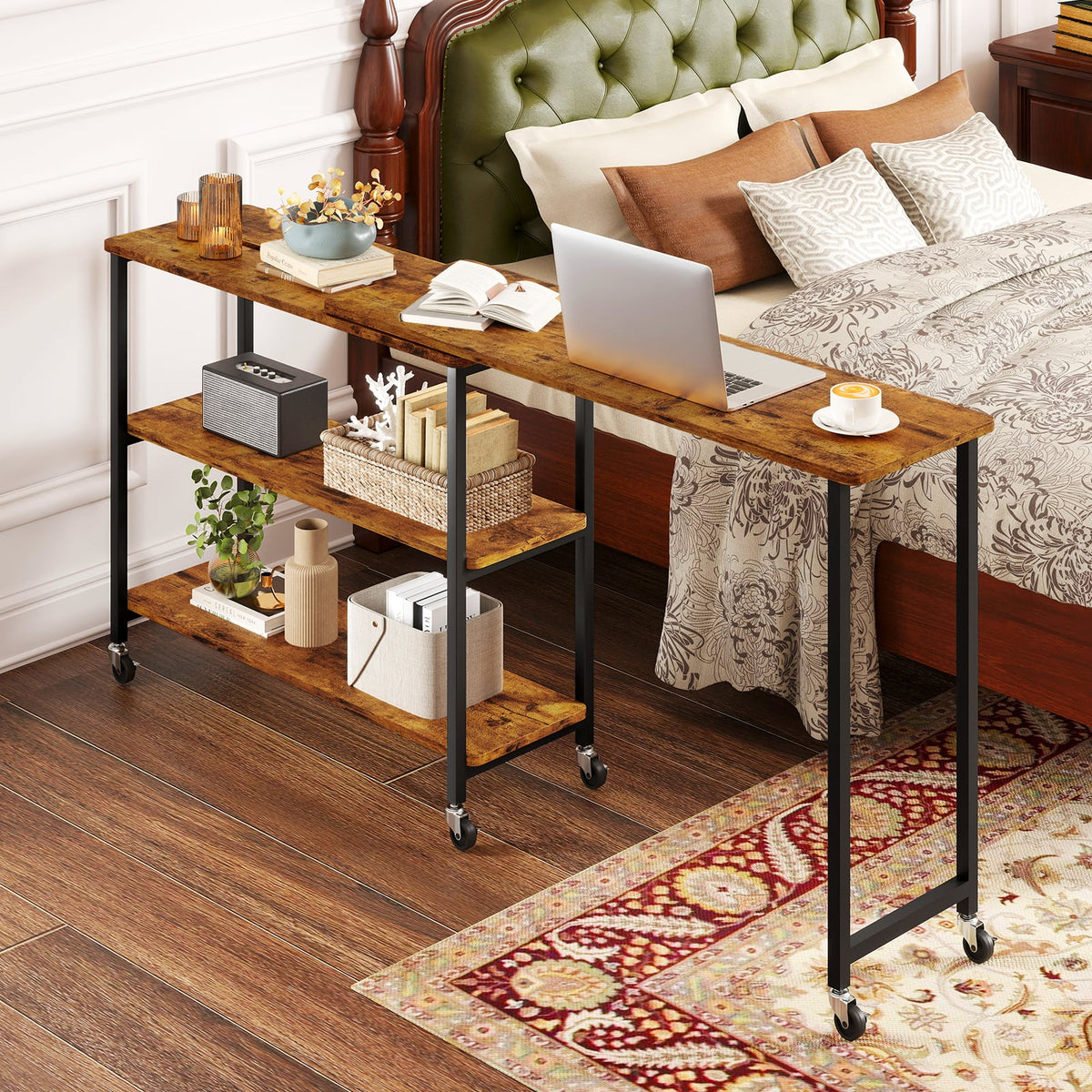 Patented Large 360-Degree Free Rotating Sofa Side Table with Wheels and Storage Shelf-Brown-End & Side Tables-DECOROLALA