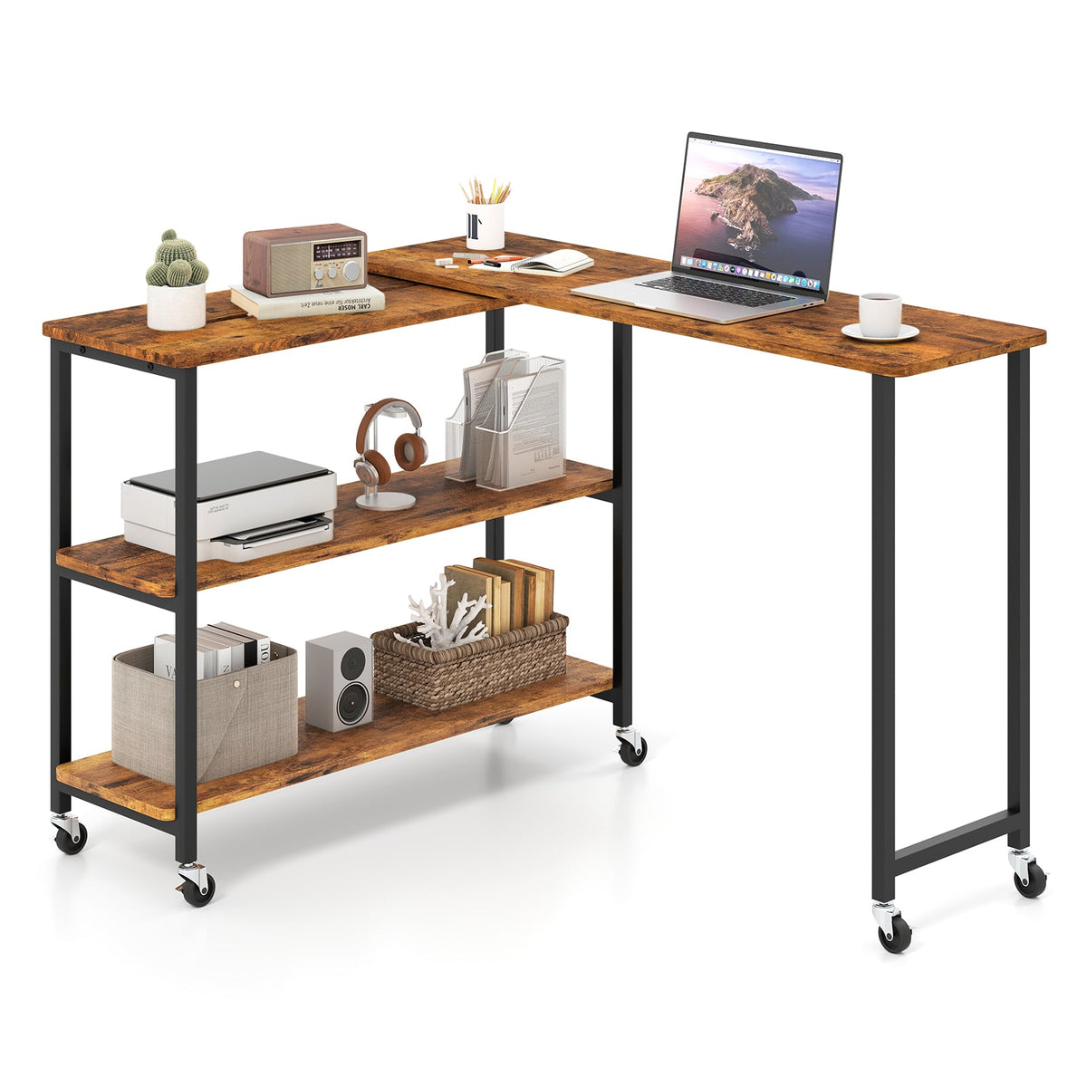 Patented Large 360-Degree Free Rotating Sofa Side Table with Wheels and Storage Shelf-Brown-End & Side Tables-DECOROLALA