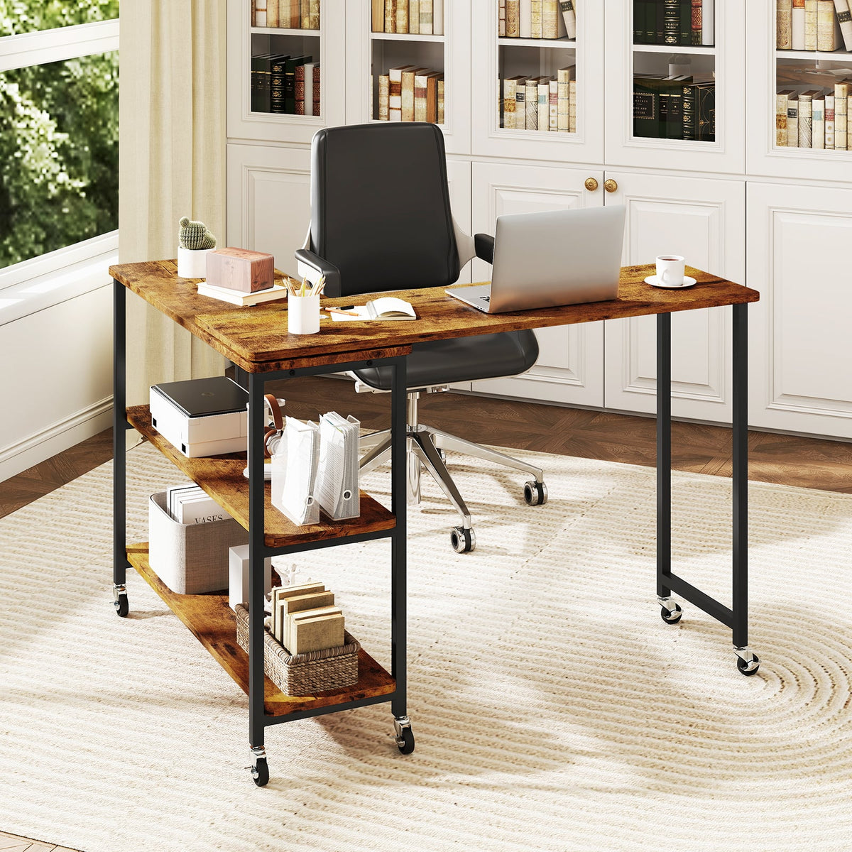 Patented Large 360-Degree Free Rotating Sofa Side Table with Wheels and Storage Shelf-Brown-End & Side Tables-DECOROLALA