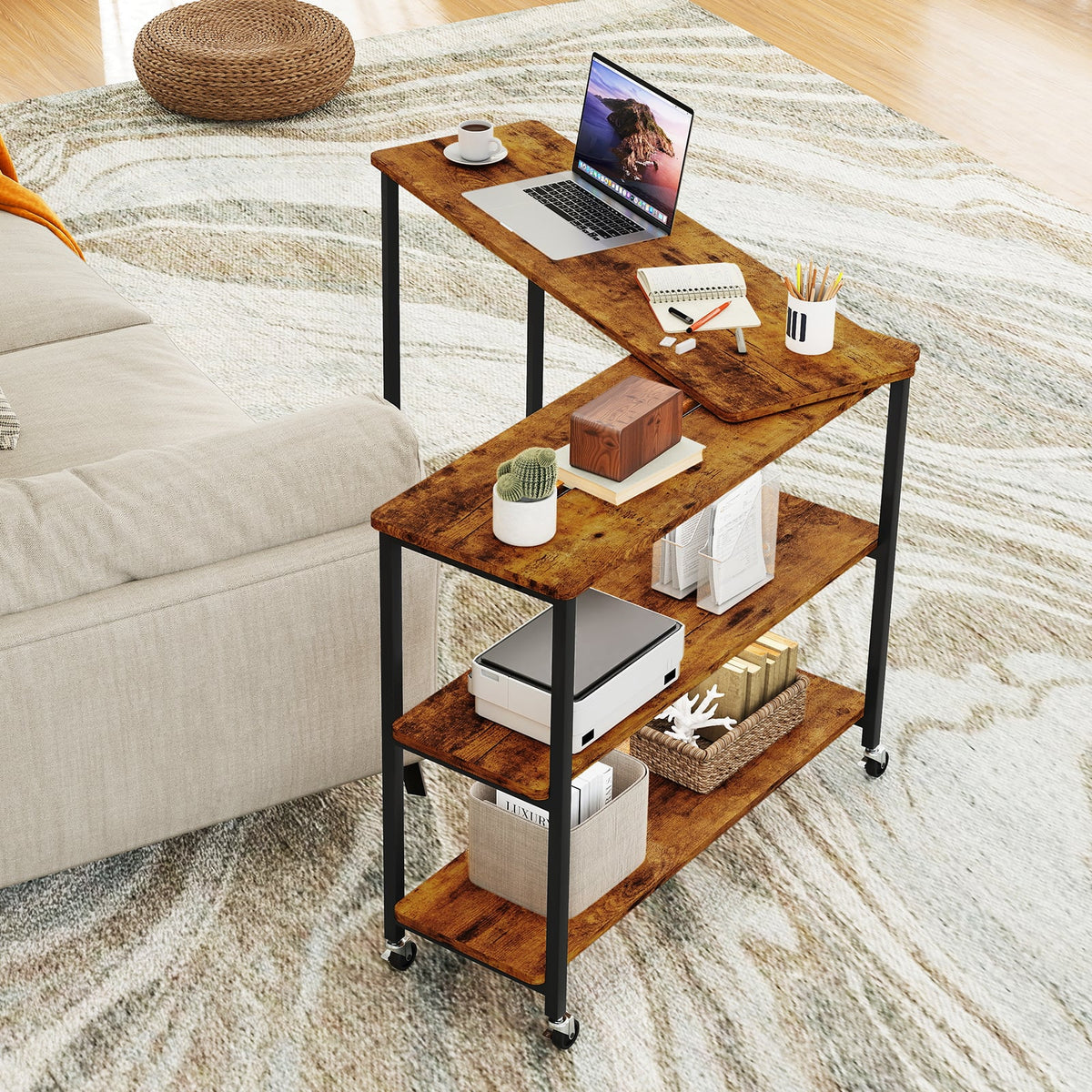 Patented Large 360-Degree Free Rotating Sofa Side Table with Wheels and Storage Shelf-Brown-End & Side Tables-DECOROLALA
