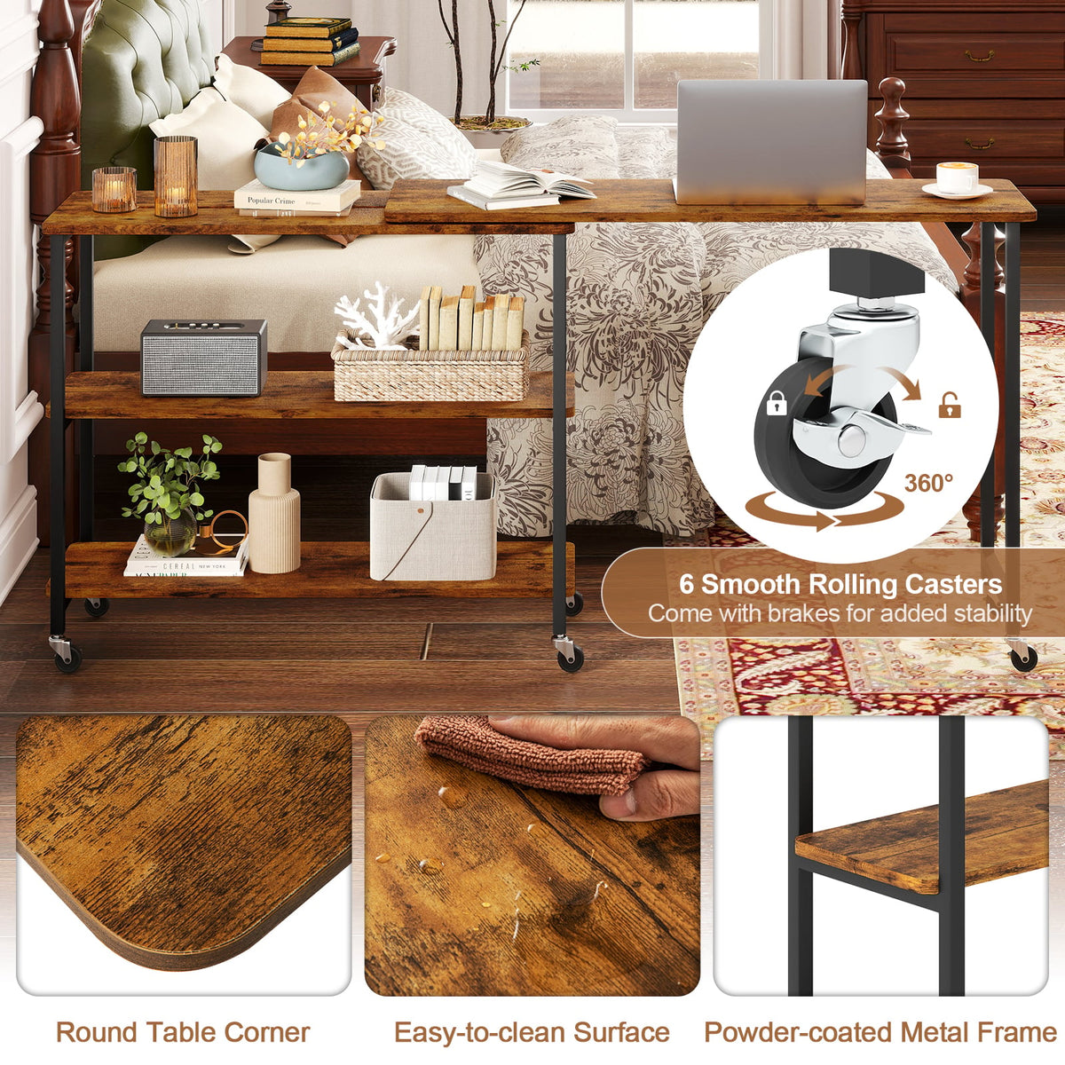 Patented Large 360-Degree Free Rotating Sofa Side Table with Wheels and Storage Shelf-Brown-End & Side Tables-DECOROLALA