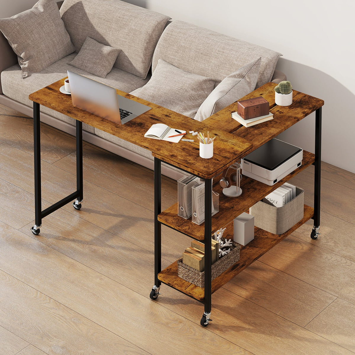 Patented Large 360-Degree Free Rotating Sofa Side Table with Wheels and Storage Shelf-Brown-End & Side Tables-DECOROLALA
