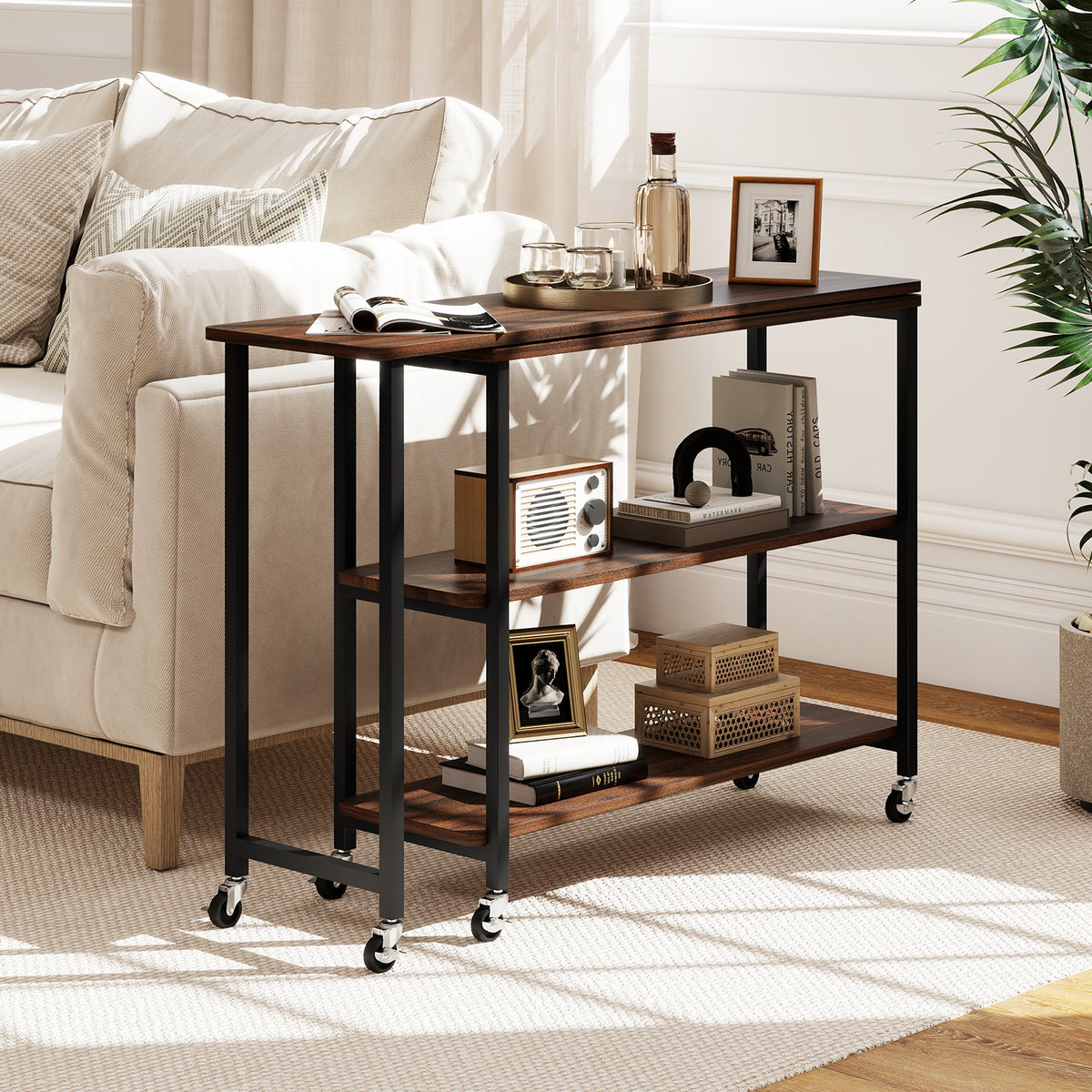 Patented Large 360-Degree Free Rotating Sofa Side Table with Wheels and Storage Shelf-Walnut-End & Side Tables-DECOROLALA