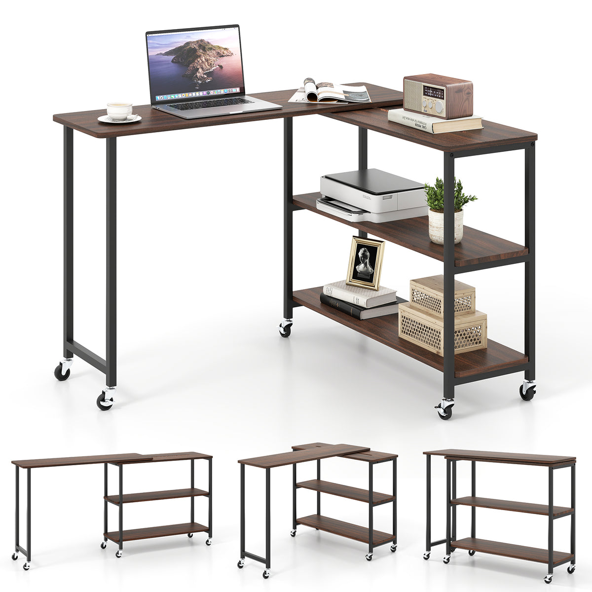 Patented Large 360-Degree Free Rotating Sofa Side Table with Wheels and Storage Shelf-Walnut-End & Side Tables-DECOROLALA