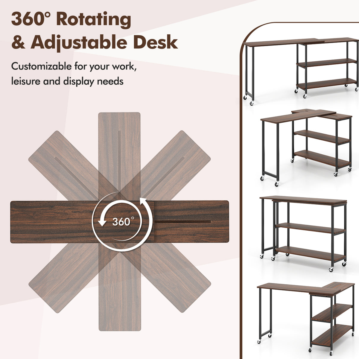 Patented Large 360-Degree Free Rotating Sofa Side Table with Wheels and Storage Shelf-Walnut-End & Side Tables-DECOROLALA