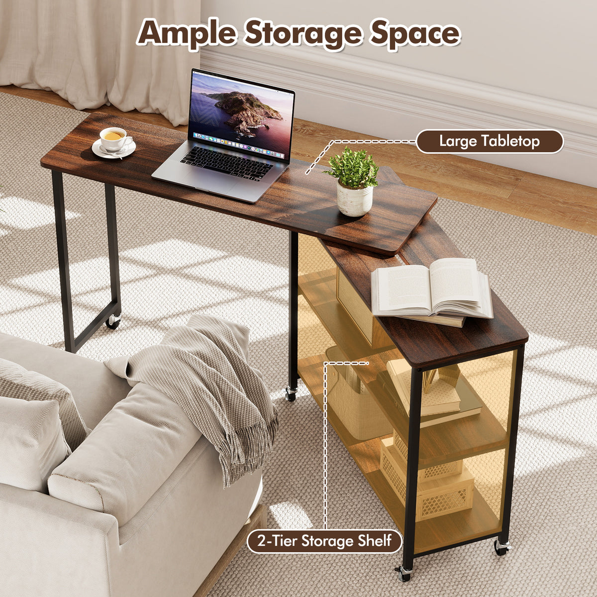 Patented Large 360-Degree Free Rotating Sofa Side Table with Wheels and Storage Shelf-Walnut-End & Side Tables-DECOROLALA
