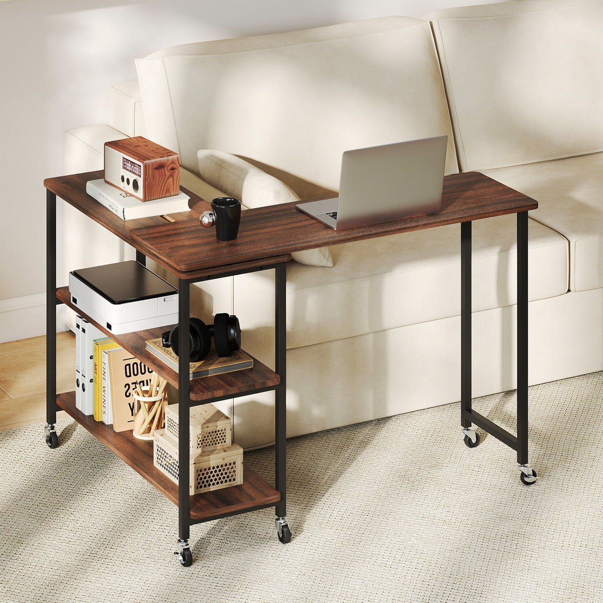 Patented Large 360-Degree Free Rotating Sofa Side Table with Wheels and Storage Shelf-Walnut-End & Side Tables-DECOROLALA