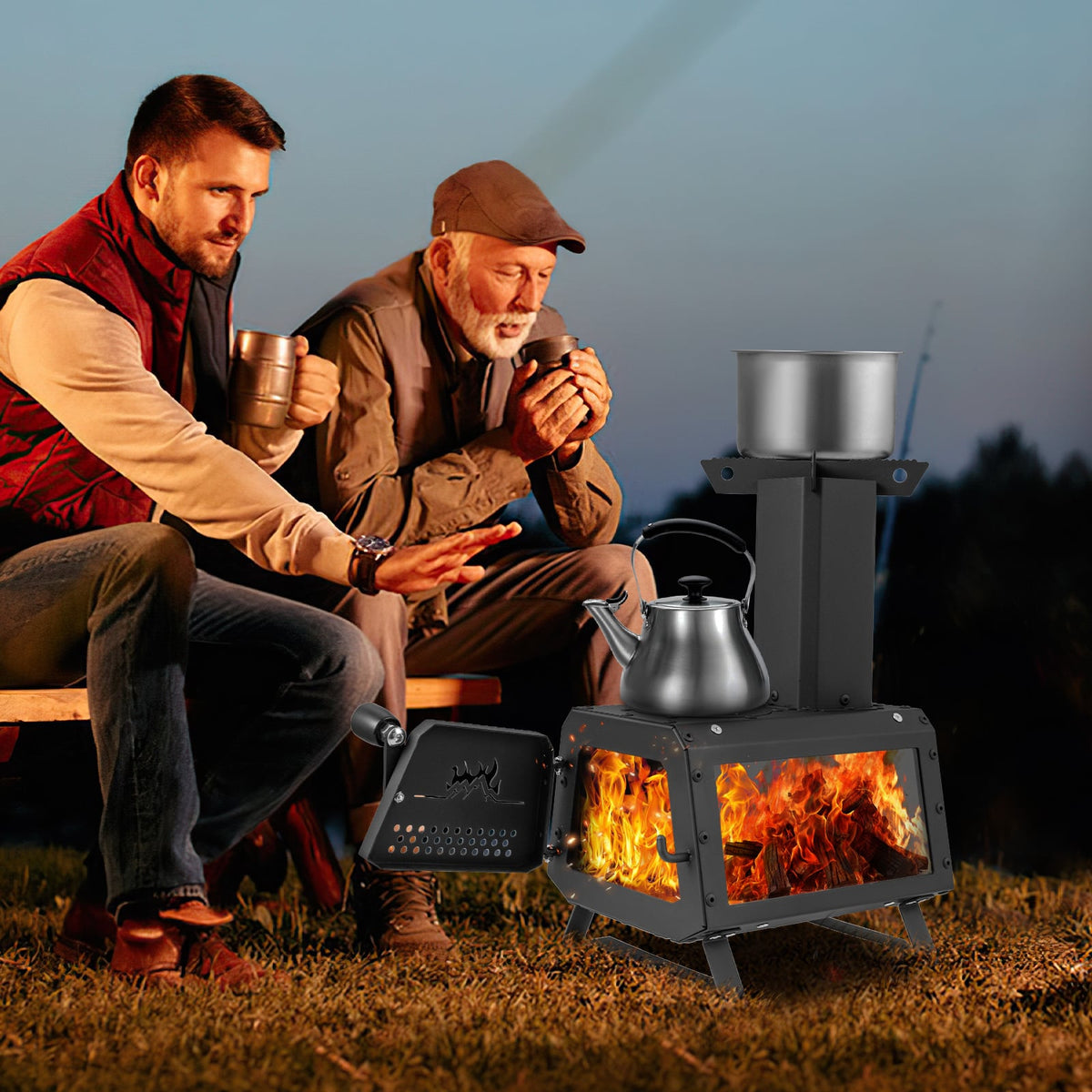 Patented Portable Wood Camping Burning Stove Heater with 2 Cooking Positions-Fire Pits-DECOROLALA