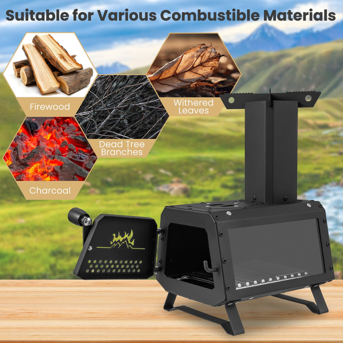 Patented Portable Wood Camping Burning Stove Heater with 2 Cooking Positions-Fire Pits-DECOROLALA