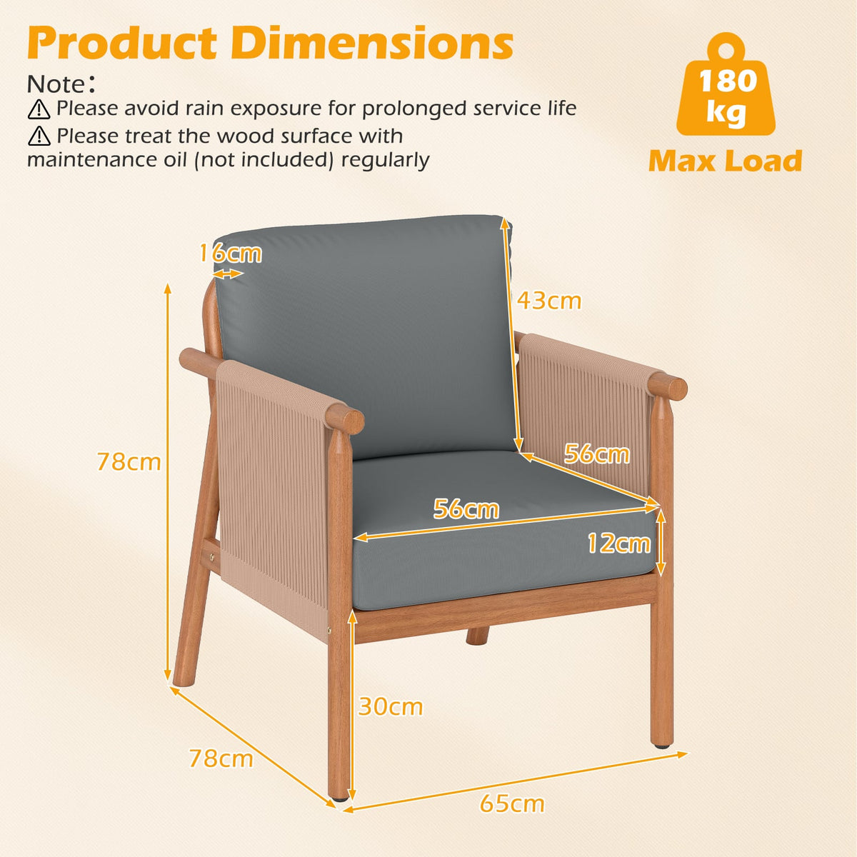 Patio Acacia Wood Chair Set of 2 with Woven Rope Armrests and Seat Back Cushions for Backyard-Gray-Patio Dining Chairs-DECOROLALA