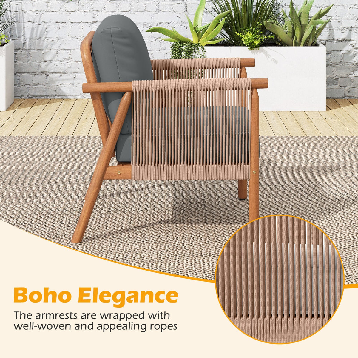 Patio Acacia Wood Chair Set of 2 with Woven Rope Armrests and Seat Back Cushions for Backyard-Gray-Patio Dining Chairs-DECOROLALA