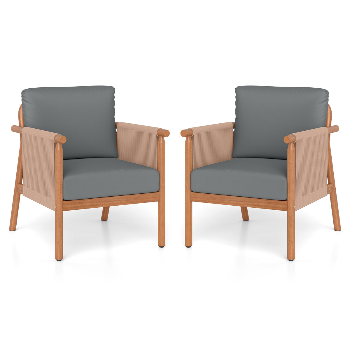 Patio Acacia Wood Chair Set of 2 with Woven Rope Armrests and Seat Back Cushions for Backyard-Gray-Patio Dining Chairs-DECOROLALA