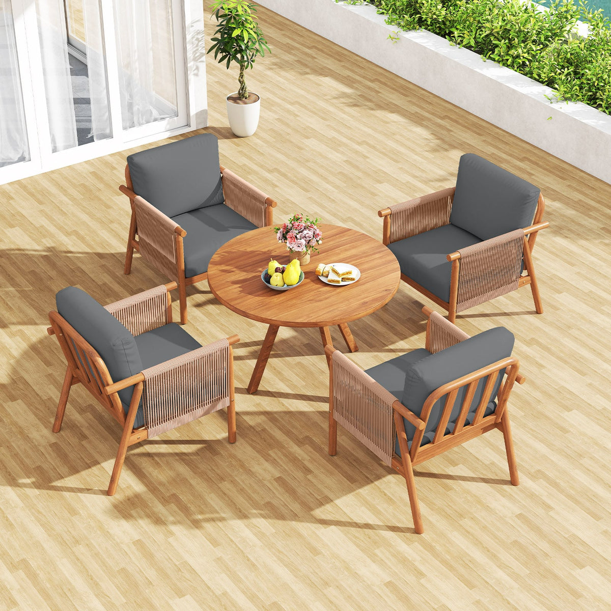 Patio Acacia Wood Chair Set of 4 with Woven Rope Armrests and Seat Back Cushions for Backyard-Gray-Patio Dining Chairs-DECOROLALA