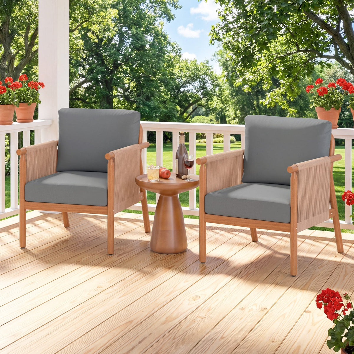 Patio Acacia Wood Chair Set of 4 with Woven Rope Armrests and Seat Back Cushions for Backyard-Gray-Patio Dining Chairs-DECOROLALA