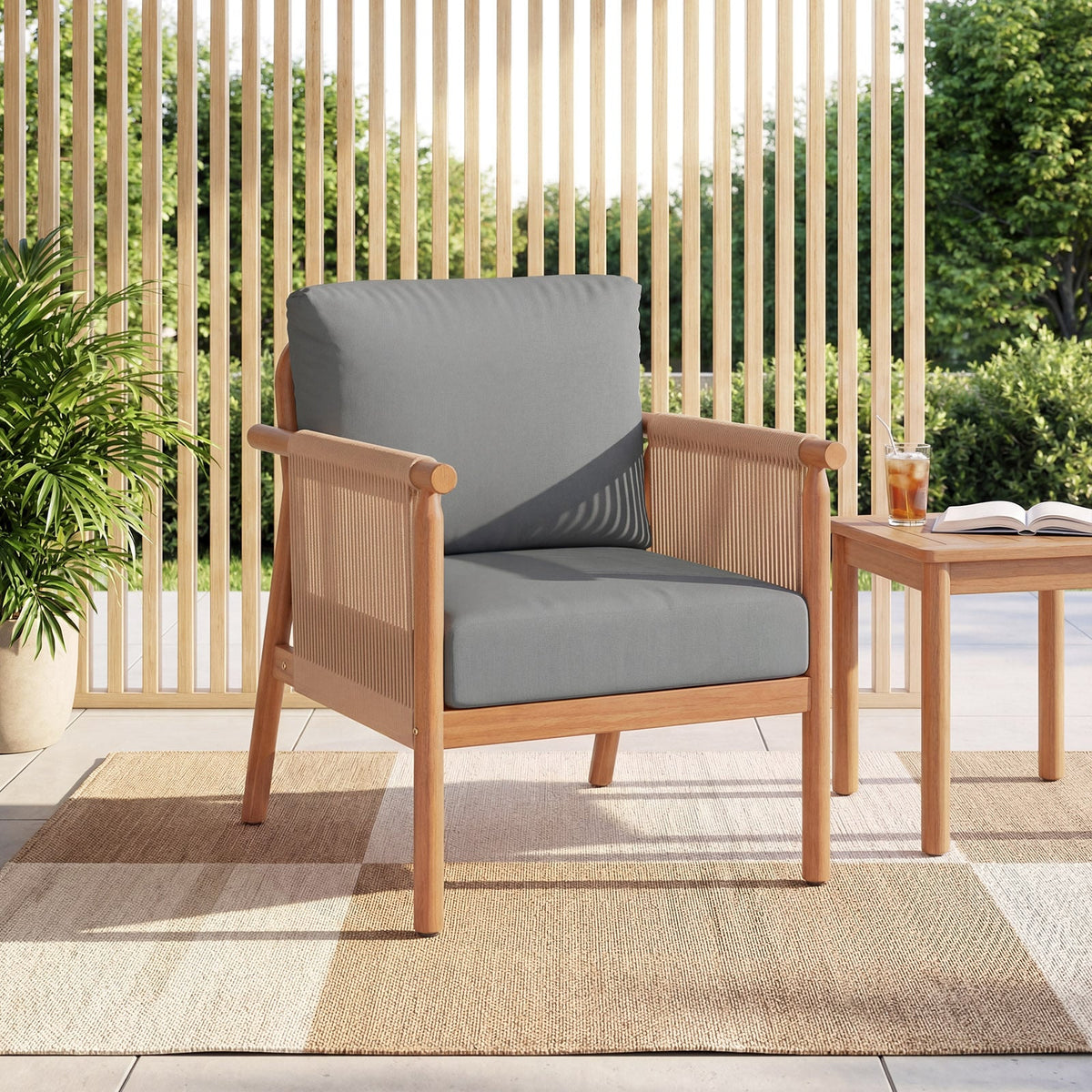 Patio Acacia Wood Chair Set of 4 with Woven Rope Armrests and Seat Back Cushions for Backyard-Gray-Patio Dining Chairs-DECOROLALA