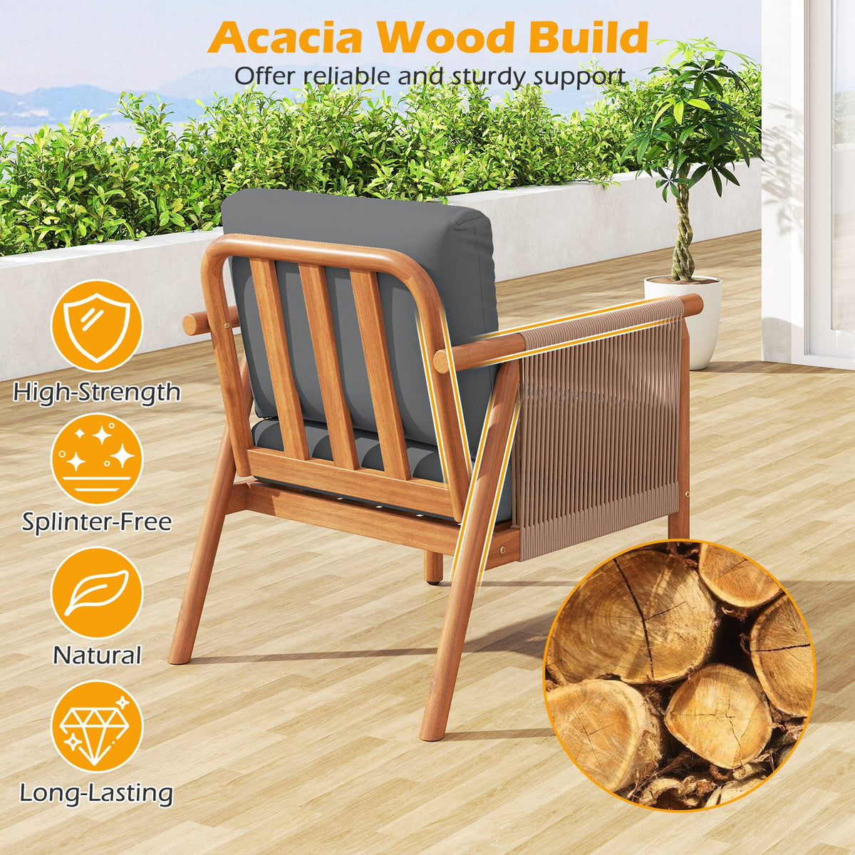 Patio Acacia Wood Chair Set of 4 with Woven Rope Armrests and Seat Back Cushions for Backyard-Gray-Patio Dining Chairs-DECOROLALA