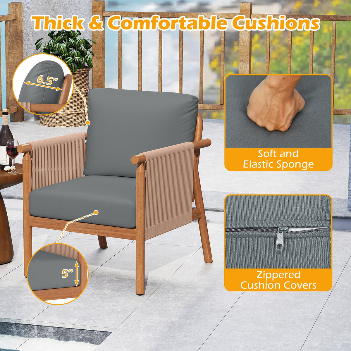 Patio Acacia Wood Chair Set of 4 with Woven Rope Armrests and Seat Back Cushions for Backyard-Gray-Patio Dining Chairs-DECOROLALA