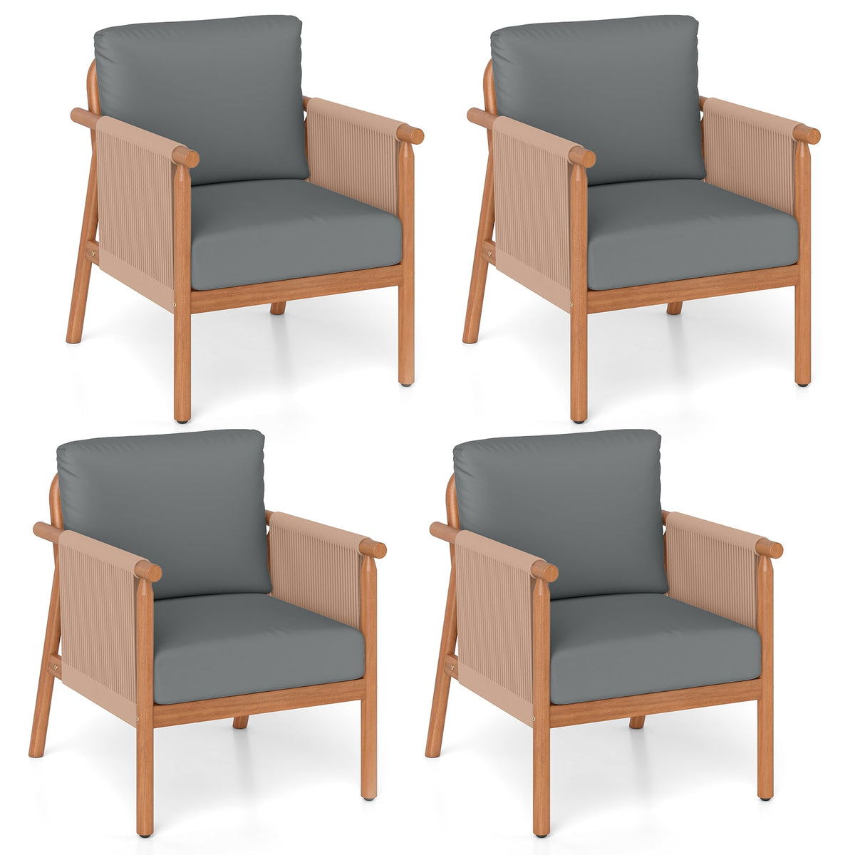 Patio Acacia Wood Chair Set of 4 with Woven Rope Armrests and Seat Back Cushions for Backyard-Gray-Patio Dining Chairs-DECOROLALA