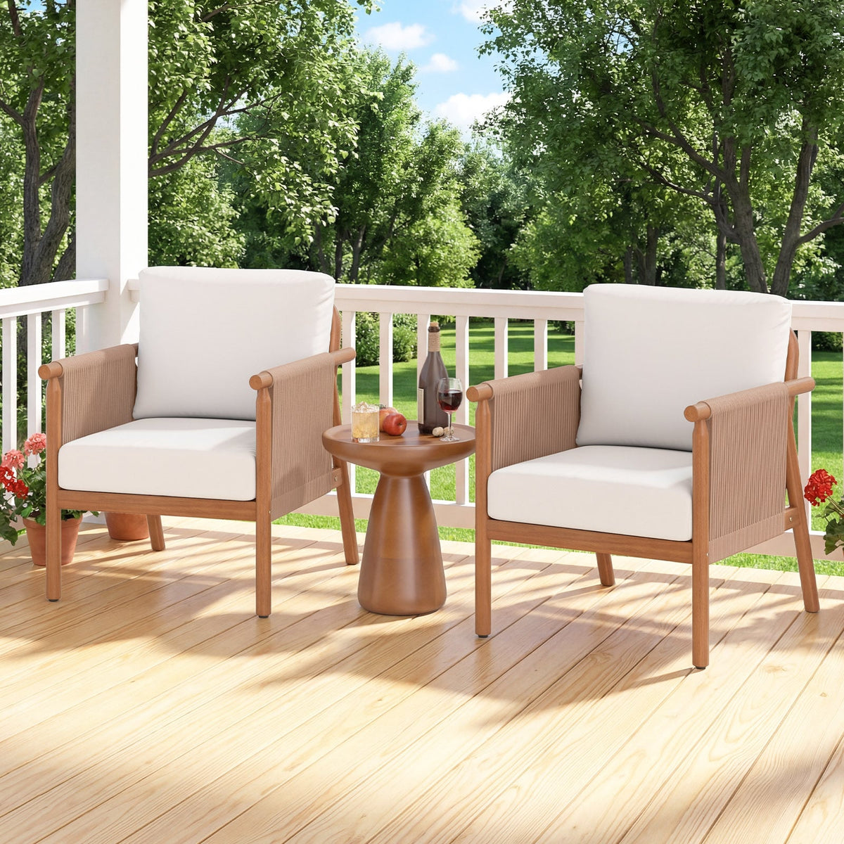 Patio Acacia Wood Chair Set of 4 with Woven Rope Armrests and Seat Back Cushions for Backyard-White-Patio Dining Chairs-DECOROLALA