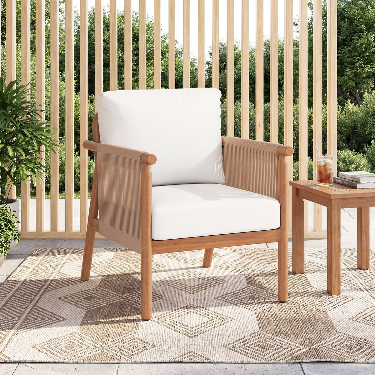 Patio Acacia Wood Chair Set of 4 with Woven Rope Armrests and Seat Back Cushions for Backyard-White-Patio Dining Chairs-DECOROLALA