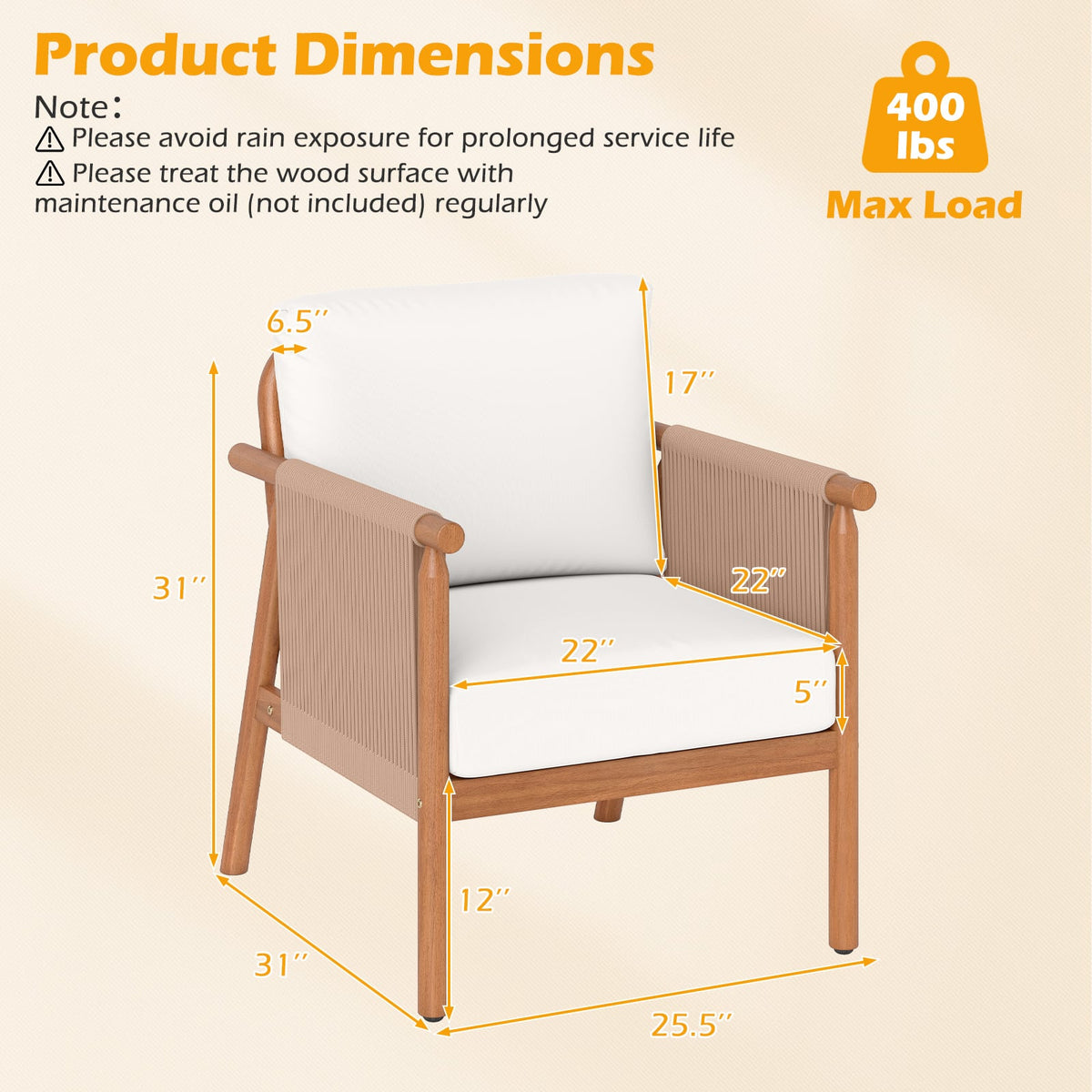 Patio Acacia Wood Chair Set of 4 with Woven Rope Armrests and Seat Back Cushions for Backyard-White-Patio Dining Chairs-DECOROLALA