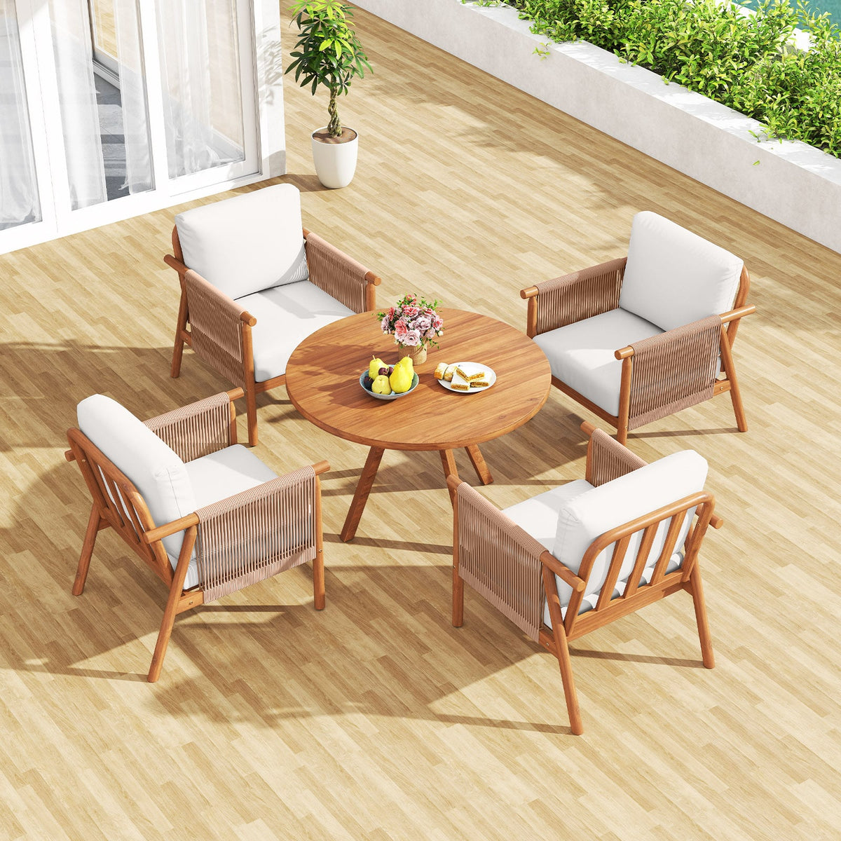 Patio Acacia Wood Chair Set of 4 with Woven Rope Armrests and Seat Back Cushions for Backyard-White-Patio Dining Chairs-DECOROLALA