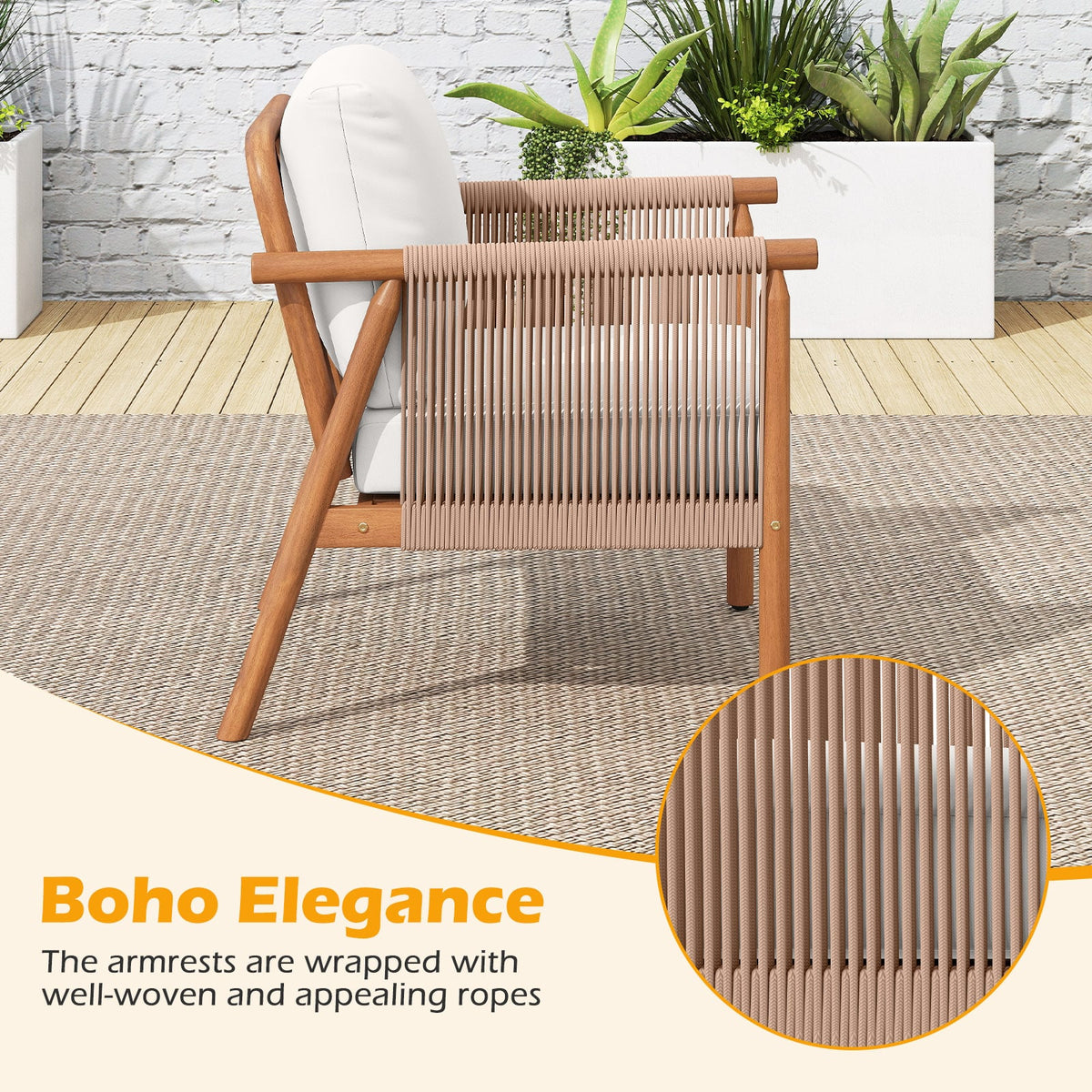 Patio Acacia Wood Chair Set of 4 with Woven Rope Armrests and Seat Back Cushions for Backyard-White-Patio Dining Chairs-DECOROLALA