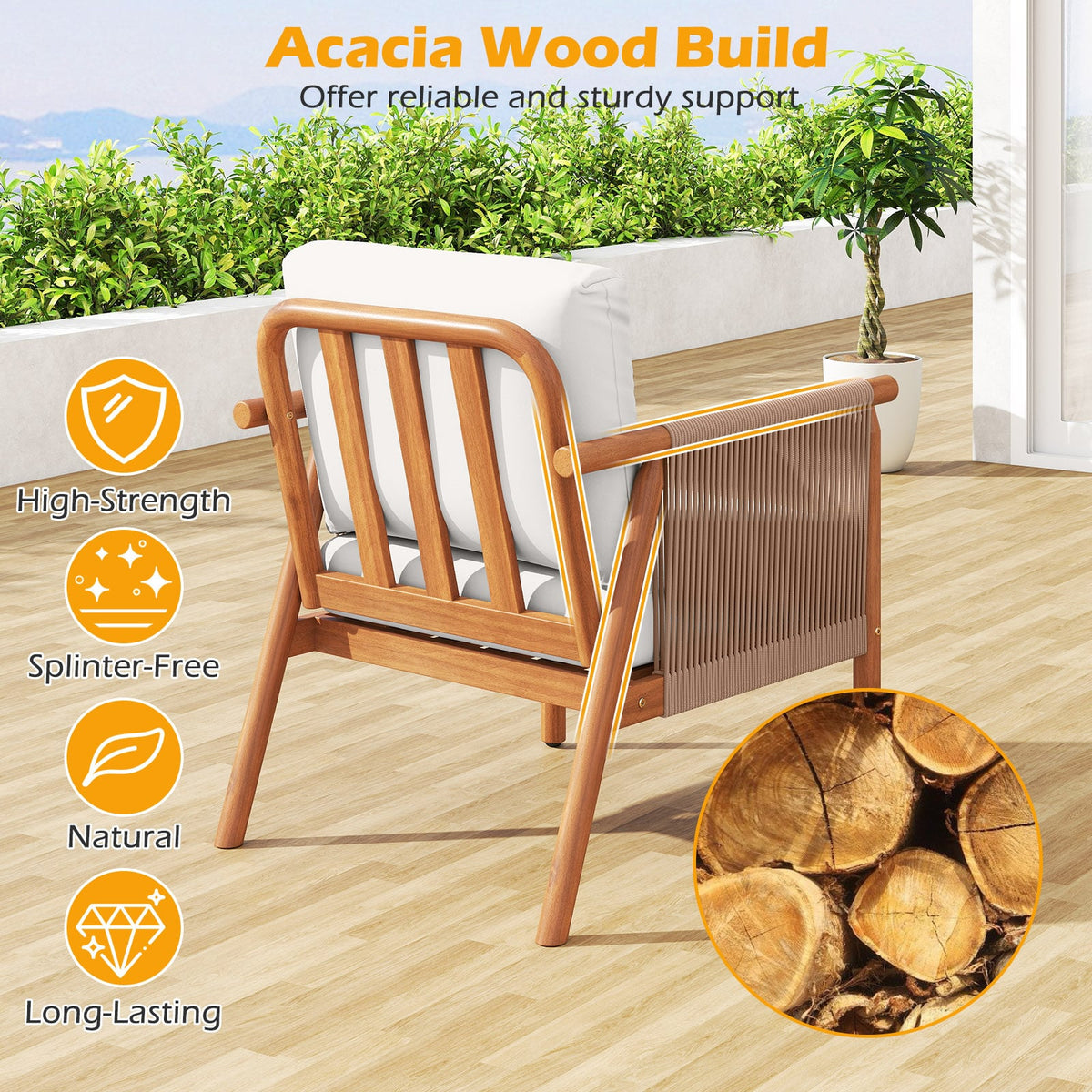 Patio Acacia Wood Chair Set of 4 with Woven Rope Armrests and Seat Back Cushions for Backyard-White-Patio Dining Chairs-DECOROLALA
