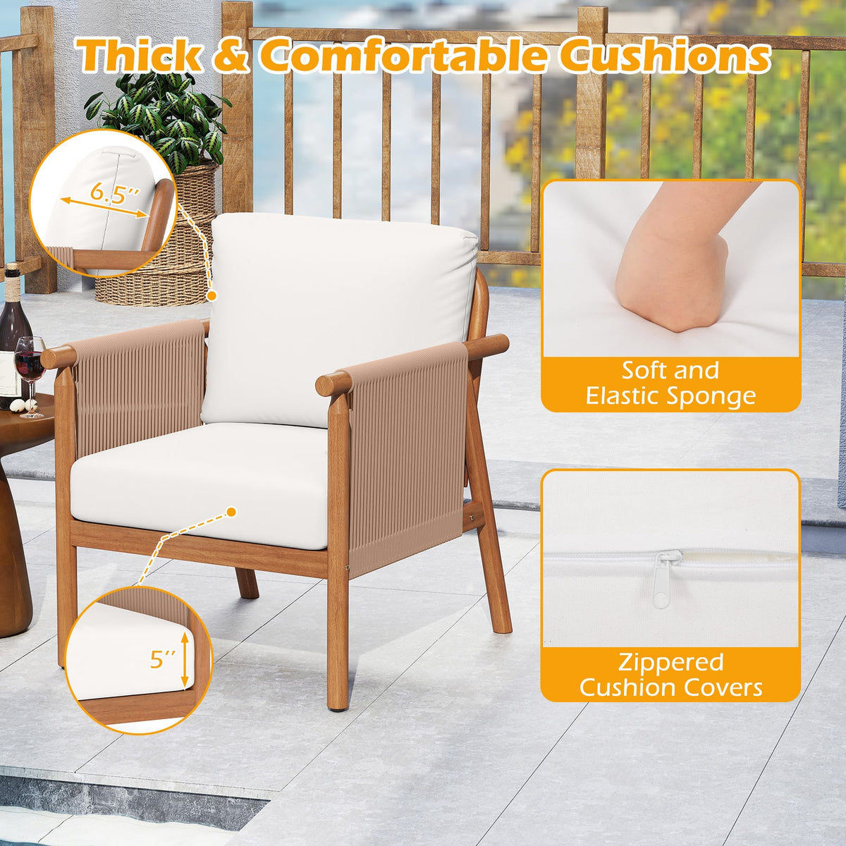 Patio Acacia Wood Chair Set of 4 with Woven Rope Armrests and Seat Back Cushions for Backyard-White-Patio Dining Chairs-DECOROLALA