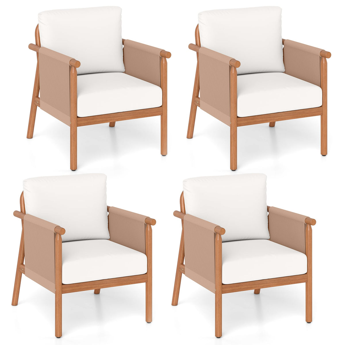 Patio Acacia Wood Chair Set of 4 with Woven Rope Armrests and Seat Back Cushions for Backyard-White-Patio Dining Chairs-DECOROLALA