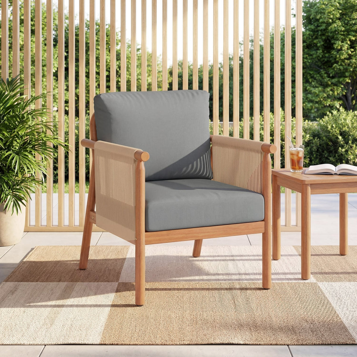 Patio Acacia Wood Chair with Woven Rope Armrests and Seat Back Cushions for Backyard-Gray-Patio Dining Chairs-DECOROLALA