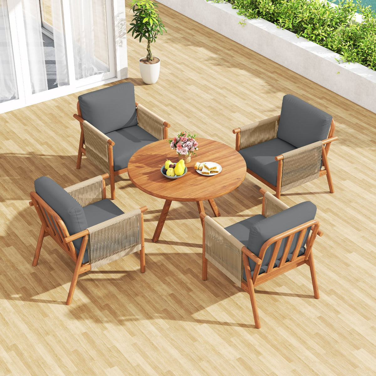Patio Acacia Wood Chair with Woven Rope Armrests and Seat Back Cushions for Backyard-Gray-Patio Dining Chairs-DECOROLALA