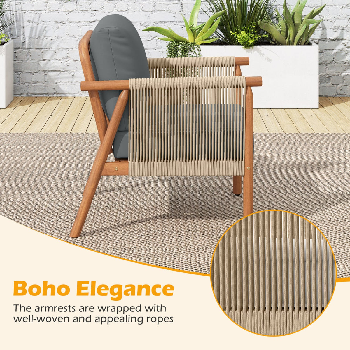 Patio Acacia Wood Chair with Woven Rope Armrests and Seat Back Cushions for Backyard-Gray-Patio Dining Chairs-DECOROLALA