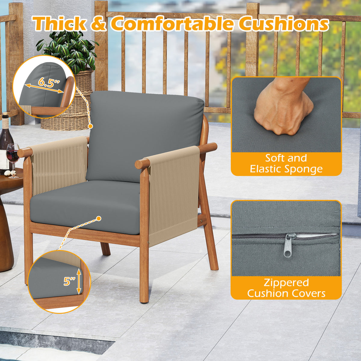 Patio Acacia Wood Chair with Woven Rope Armrests and Seat Back Cushions for Backyard-Gray-Patio Dining Chairs-DECOROLALA