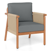 Patio Acacia Wood Chair with Woven Rope Armrests and Seat Back Cushions for Backyard-Gray-Patio Dining Chairs-DECOROLALA