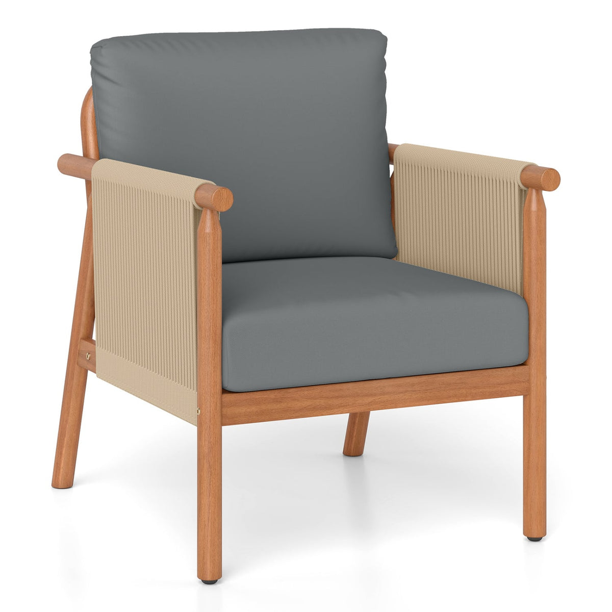Patio Acacia Wood Chair with Woven Rope Armrests and Seat Back Cushions for Backyard-Gray-Patio Dining Chairs-DECOROLALA