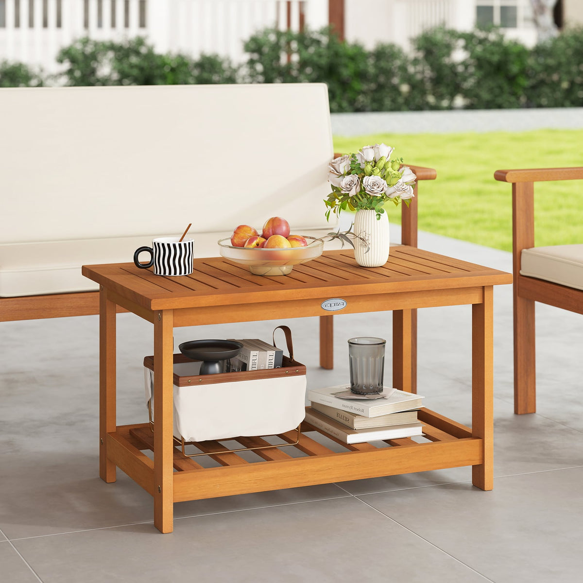 Patio Acacia Wood Coffee Table 2-Tier Rectangular Center Table-Patio Coffee Tables-DECOROLALA
