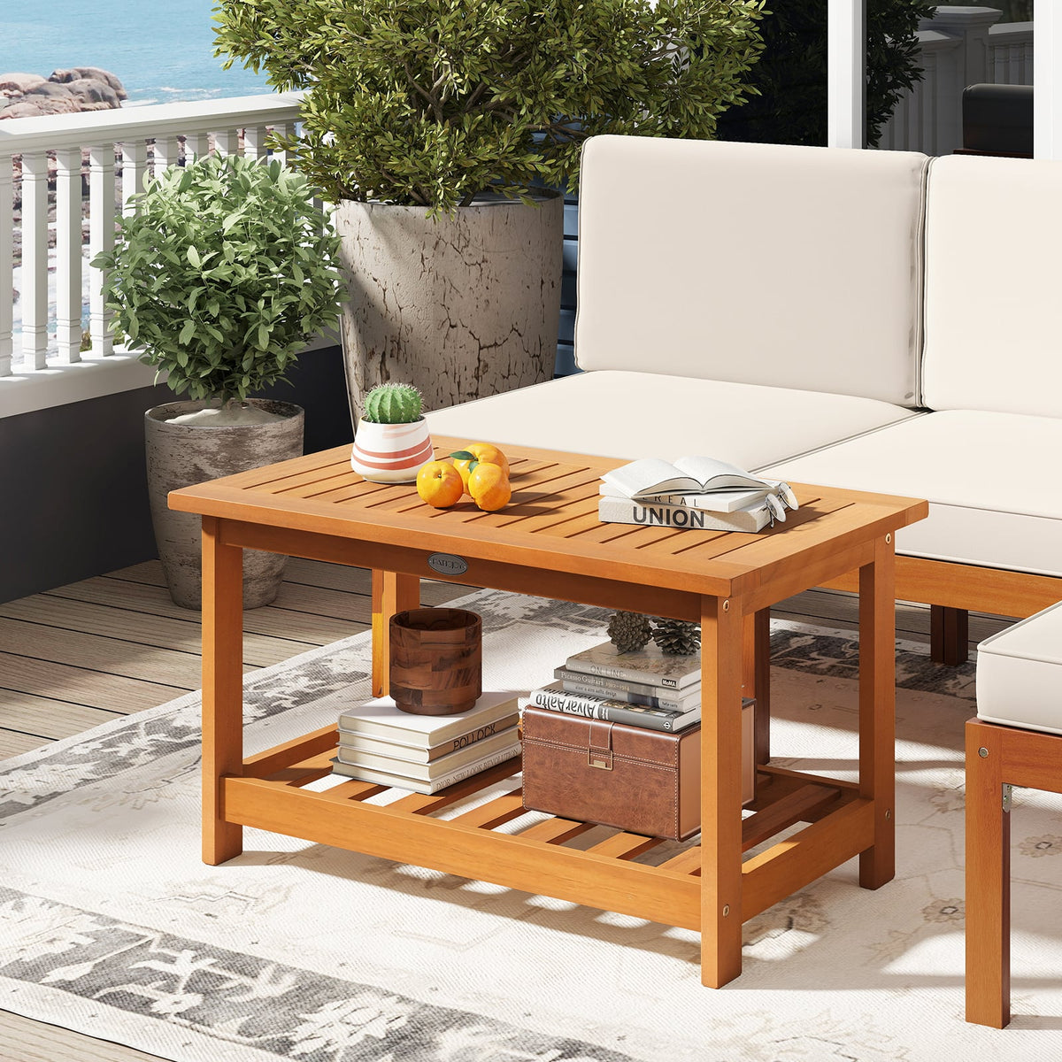 Patio Acacia Wood Coffee Table 2-Tier Rectangular Center Table-Patio Coffee Tables-DECOROLALA