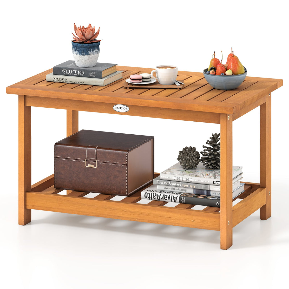 Patio Acacia Wood Coffee Table 2-Tier Rectangular Center Table-Patio Coffee Tables-DECOROLALA