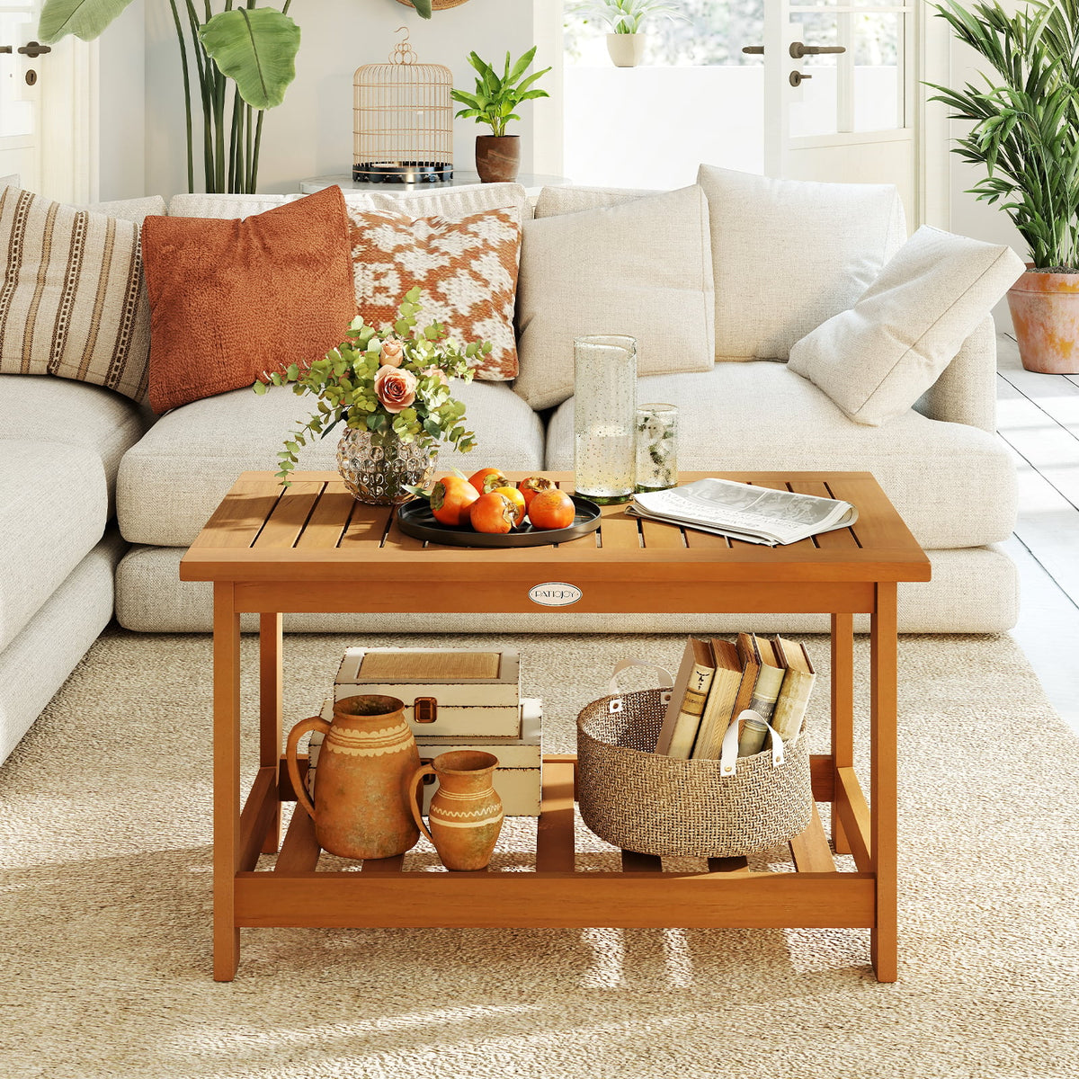 Patio Acacia Wood Coffee Table 2-Tier Rectangular Center Table-Patio Coffee Tables-DECOROLALA