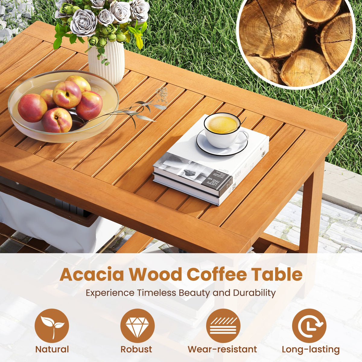 Patio Acacia Wood Coffee Table 2-Tier Rectangular Center Table-Patio Coffee Tables-DECOROLALA