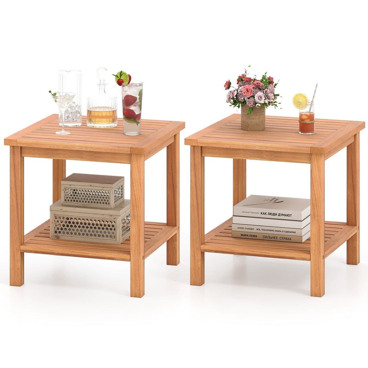 Patio Acacia Wood Side Table Set of 2 with Slatted Tabletop and Storage Shelf-End & Side Tables-DECOROLALA