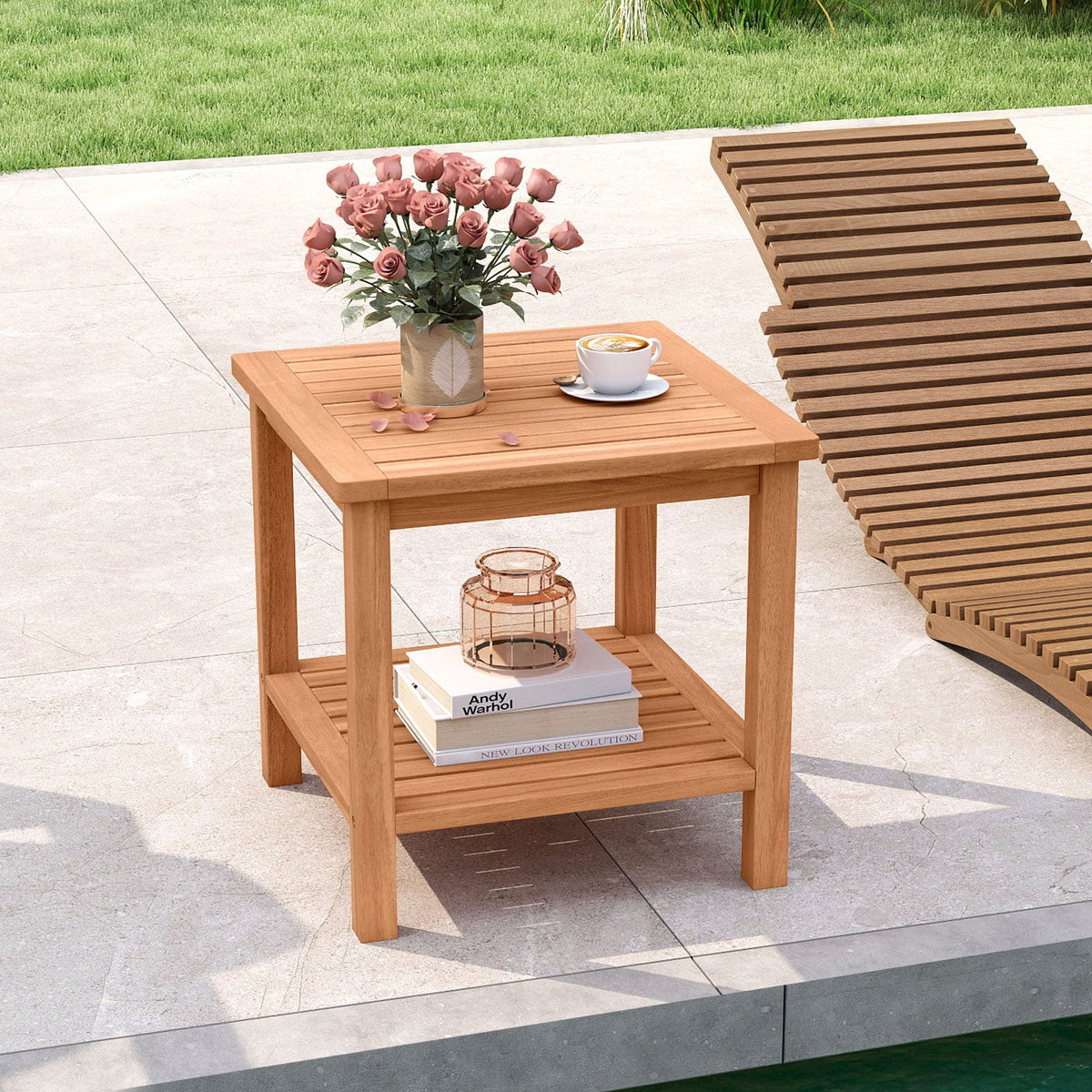 Patio Acacia Wood Side Table Set of 2 with Slatted Tabletop and Storage Shelf-End & Side Tables-DECOROLALA