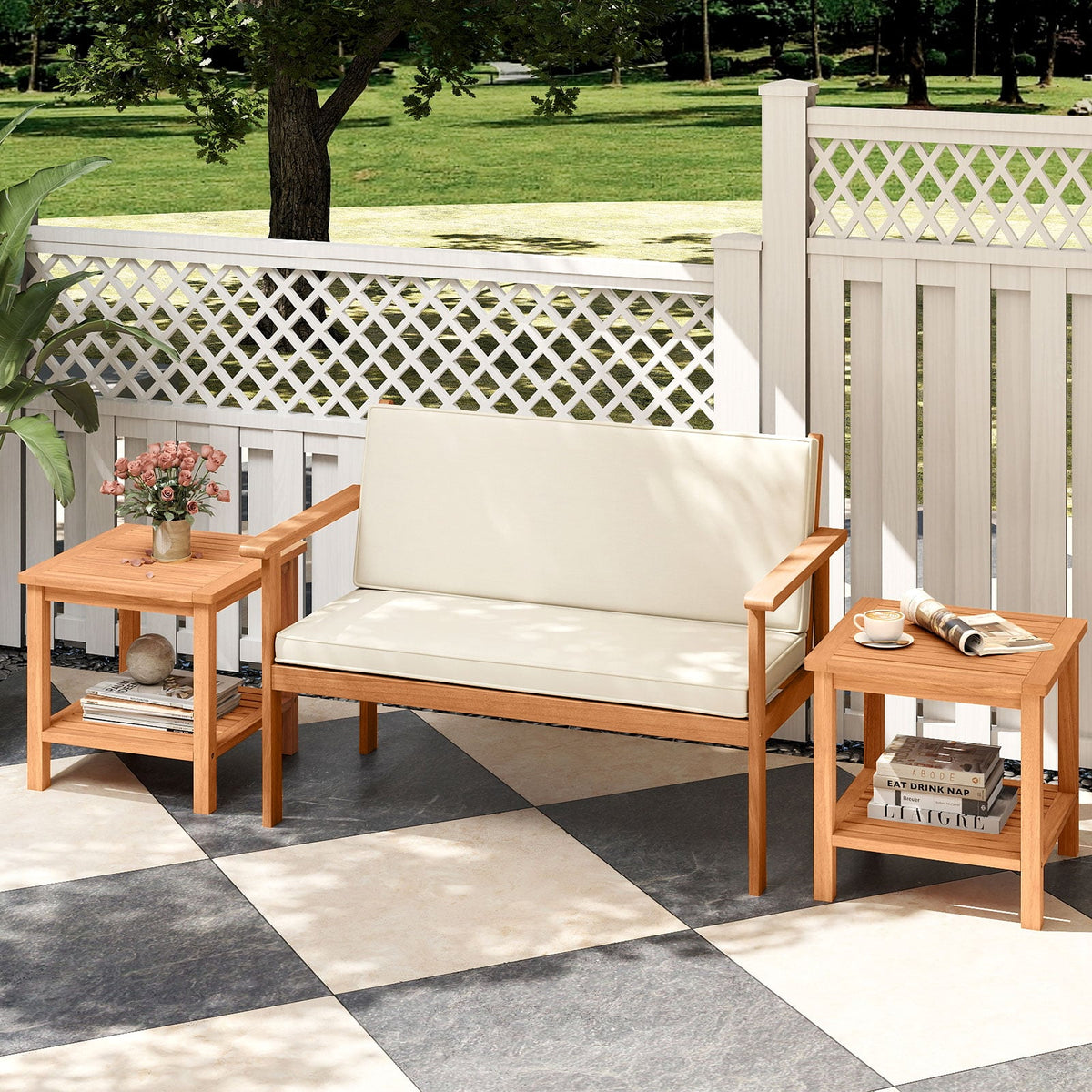 Patio Acacia Wood Side Table Set of 2 with Slatted Tabletop and Storage Shelf-End & Side Tables-DECOROLALA