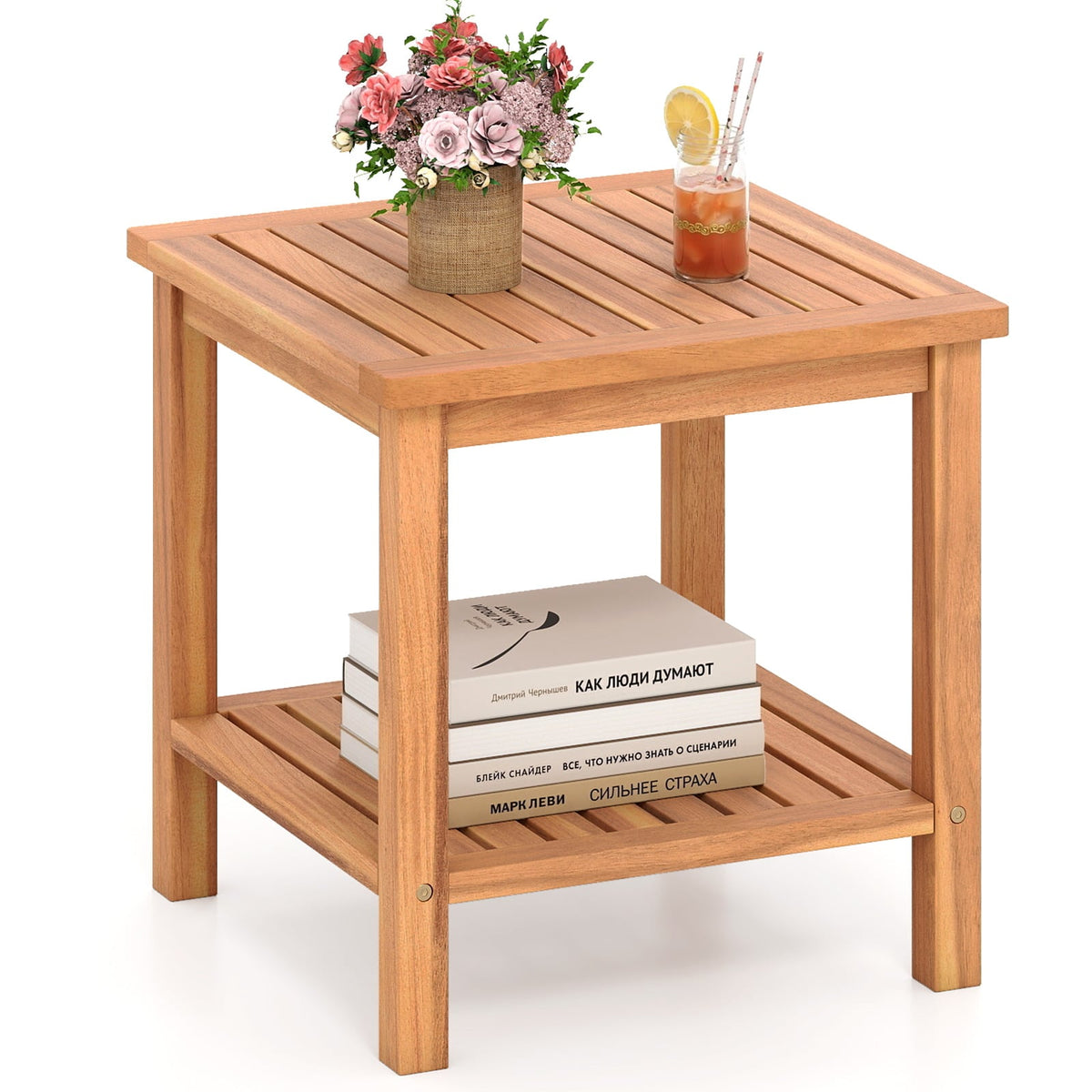 Patio Acacia Wood Side Table with Slatted Tabletop and Storage Shelf-End & Side Tables-DECOROLALA